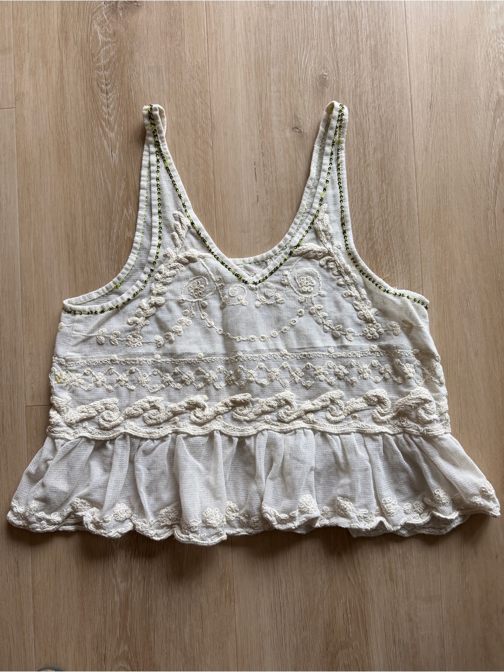 Free People Cream Embroidered Ruffle Camisole Size XS